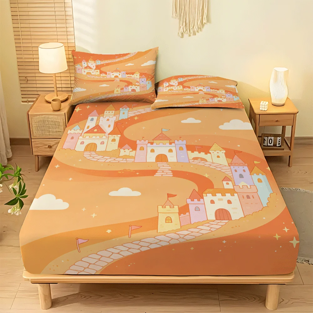 Minimalist Home-Style Mattress Protector, 1 Fitted Sheet + 2 Pillowcases (Without Filling) 2D Flat Printing, Mattress Cover, Fitted Sheet Cover, Mattress Protector, Elastic Fitted Sheet Cover, King/Twin/Queen Size Three-Piece Comfortable Decorative 2D Printed Bedding Set, Includes Deep Pocket Fitted Sheet and Two Pillowcases, Does Not Include Pillow Inserts, Machine Washable