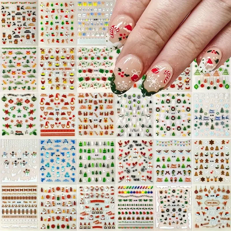 30pcs Christmas Nail Art Stickers - 3D Self-Adhesive Santa, Reindeer, Snowman & Tree Decals for Festive DIY Acrylic Nails #Xmas%