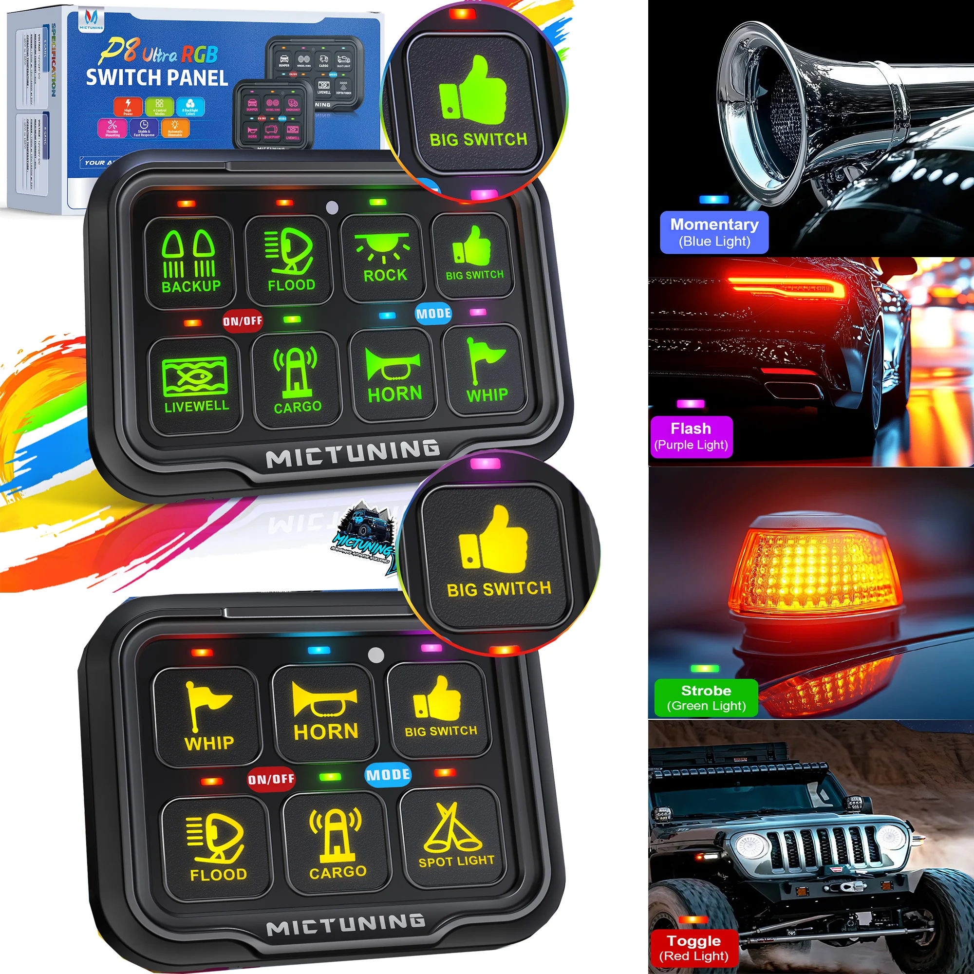 MICTUNING 6/8-Group Switch Panel P8-Ultra Series, Ultra-Waterproof General Purpose Circuit Control Relay System Boxes for Cars
