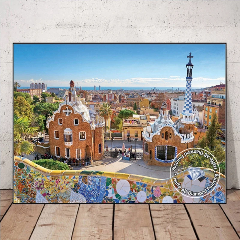 Park Guell In Barcelona And Sagurada Familia Spain Landscape AB Diamond Art Painting Cross Stitch Full Square Drills Home Decor