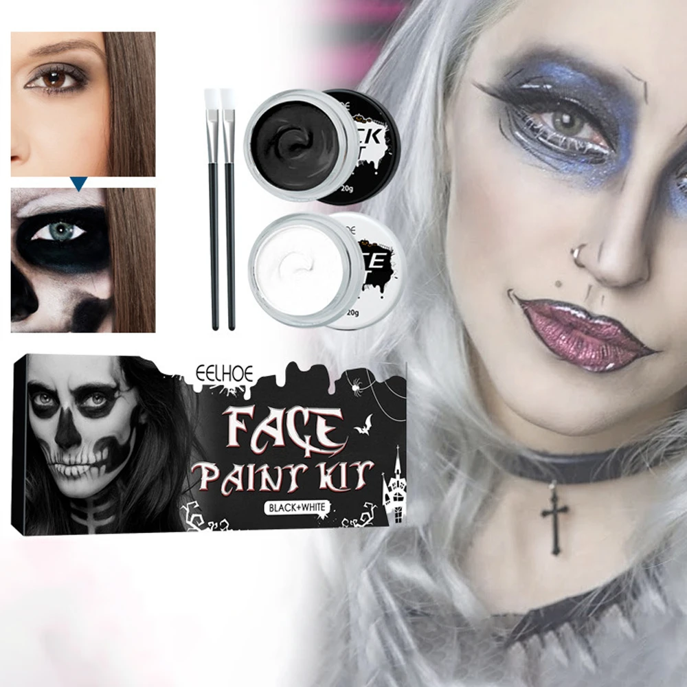Halloween Black White Face Body Paint Kit Full Coverage Lighweight Foundation Clown Joker Makeup Festive Makeup Accessories Set