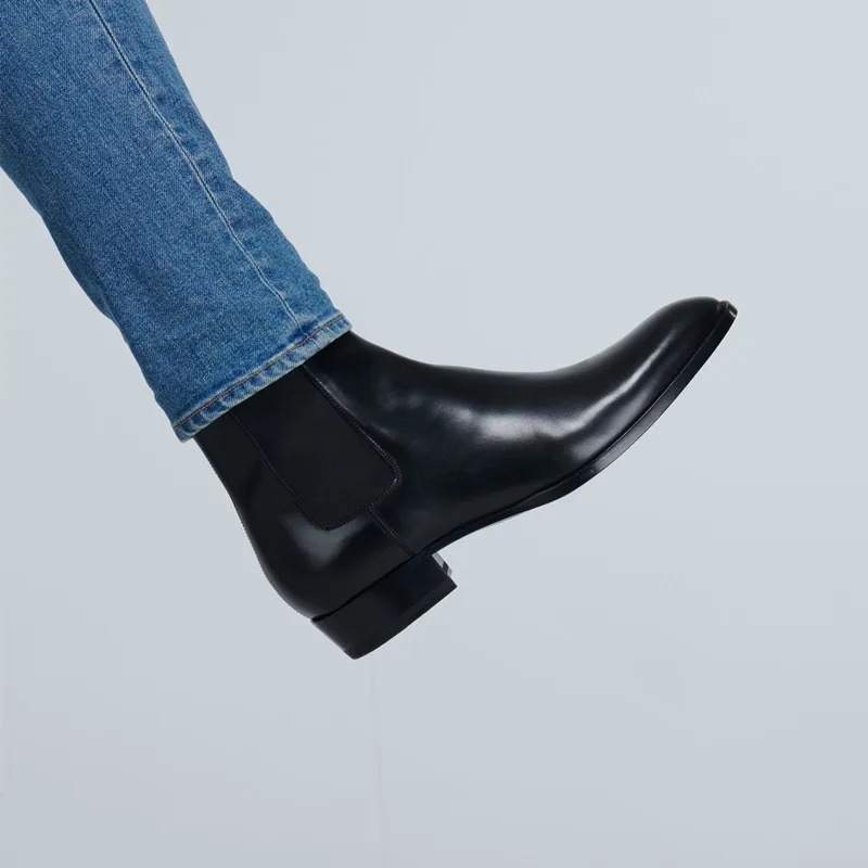Men Chelsea Boots Handmade Cowhide Black Fashion Business Casual Classic Mid-heel Men Boots Botas Motociclista