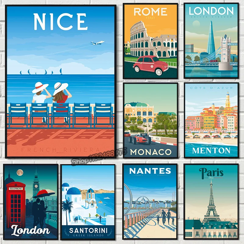Colored Europe Travel City Landscape Canvas Painting France Nice Paris Monaco Nantes Poster Nordic Wall Art Pictures Home Decor