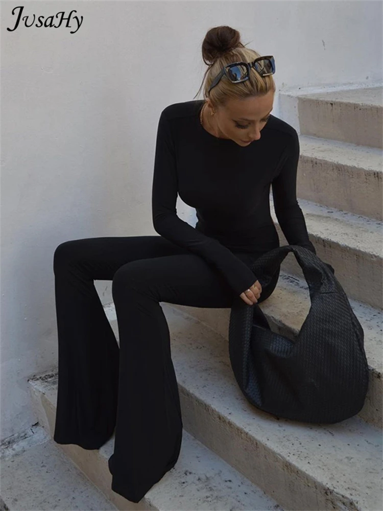 JuSaHy Sommer Y2K Solid Black Grundlegende Body für Frauen Mode Lange Ärmel Halfter Backless Flare Hosen Einfache Casual Streetwear