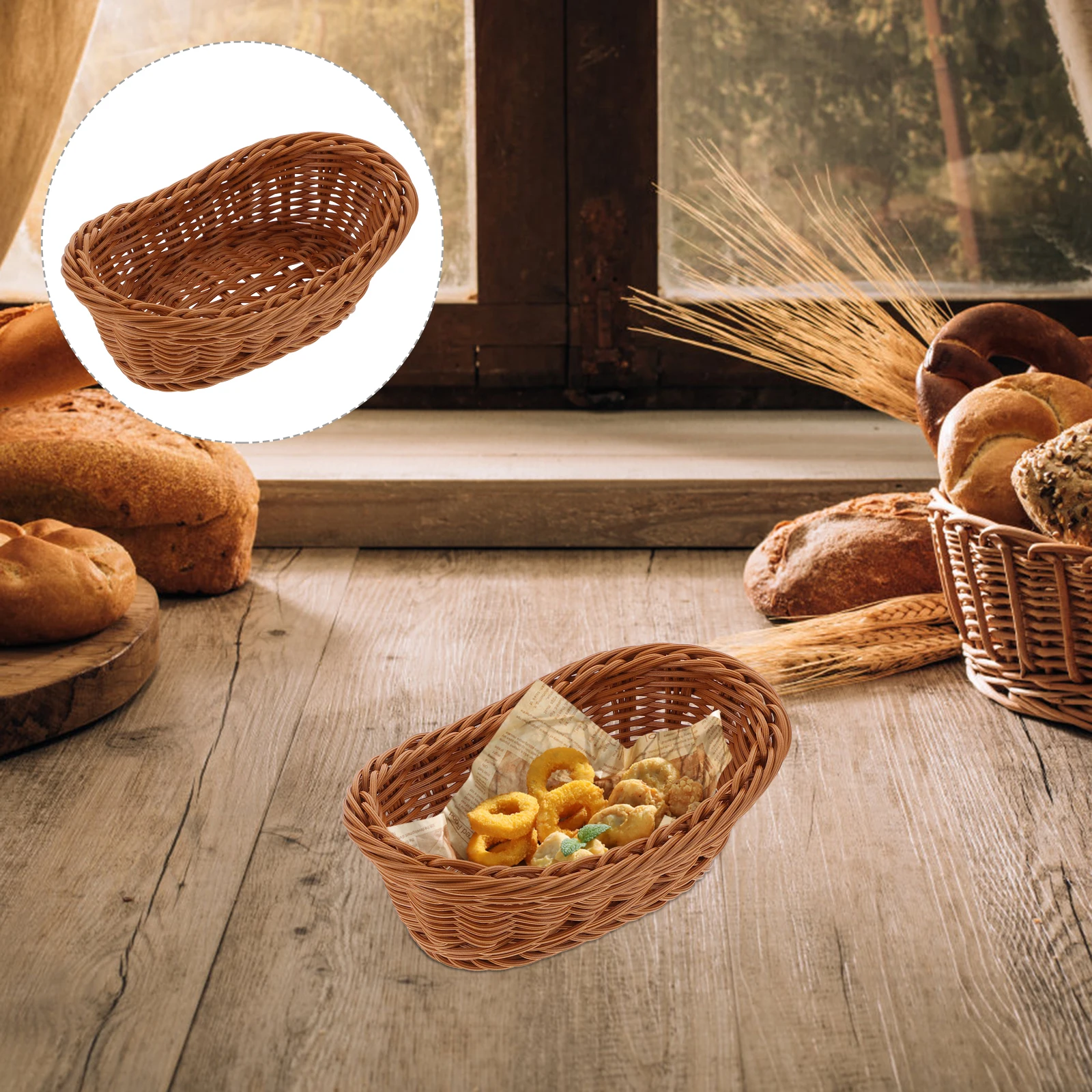 

2pcs Imitation Rattan Woven Kitchen Storage Containers Bread Baskets Food Serving Trays Household Food Holder Reusable