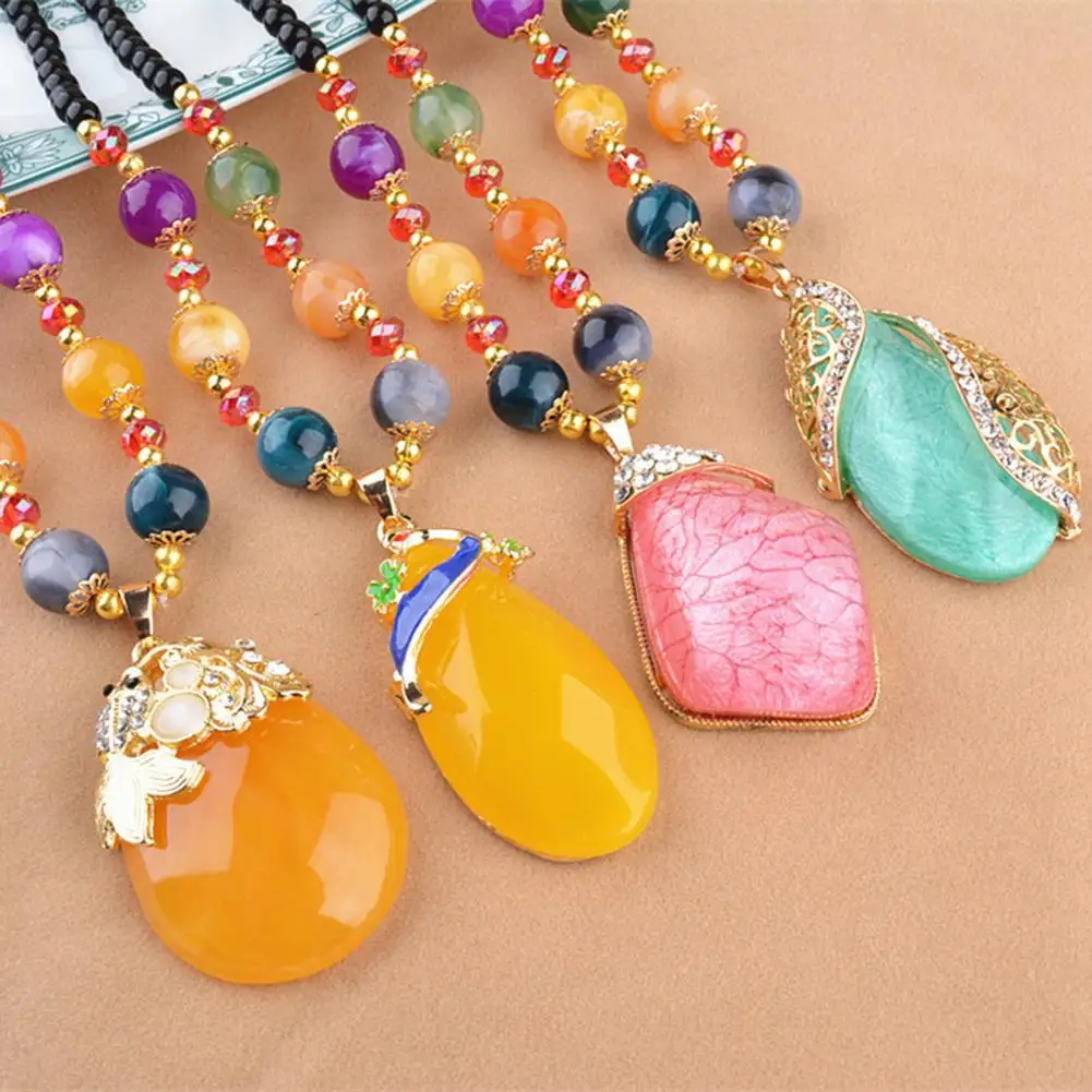 Charm Pendant Necklace Ethnic Handmade Imitation Beeswax Shiny Texture Long Bead Chain Water Droplets Necklace Sweater Necklace