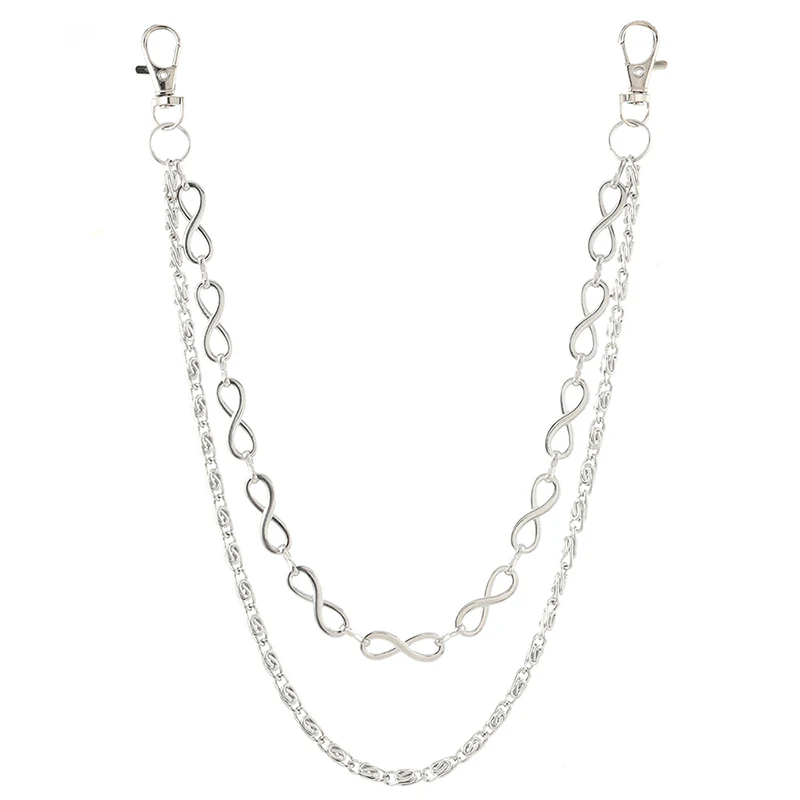 Punk Style Double Layer Jeans Chain Accessories with Keychain for Men & Women Edgy Belt Decor