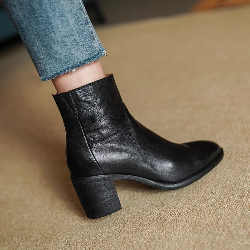Thick High Heels Side Zippers Ankle Boots Autumn Spring Concise Cowhide Ladies Shoes Women Bassic Style Modern Winter Boots