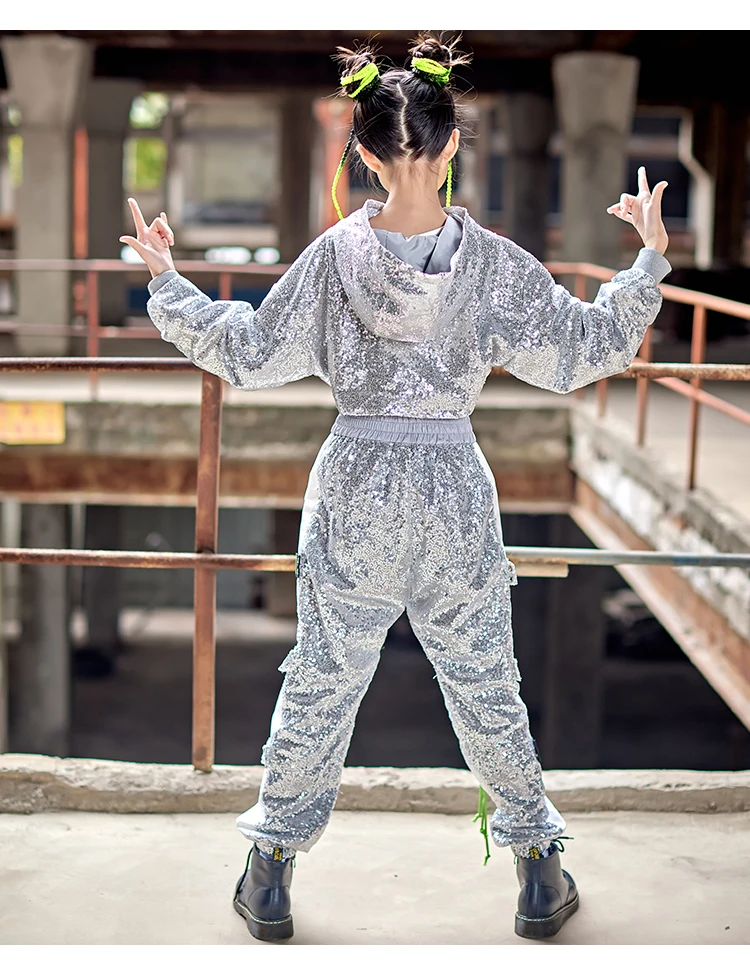 NewJ azz-trajes de lentejuelas plateadas para niños y niñas, ropa de danza moderna de Hip Hop, trajes de actuación en el escenario de baile de tambor de Hip Hop