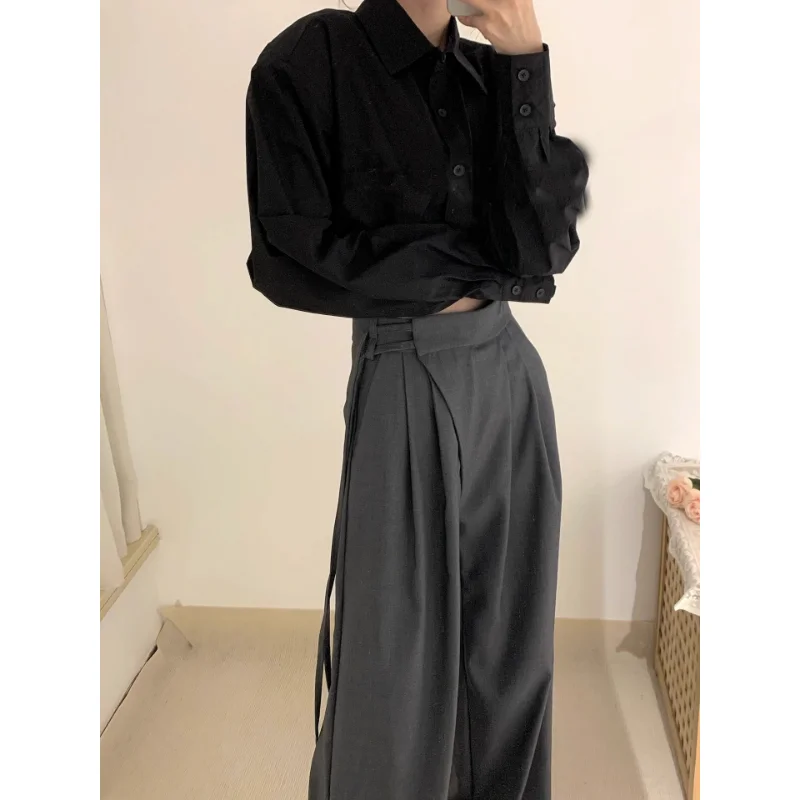 Deeptown Slacks Office Classic Suit Pants for Women Korean Fashion Gray High Waist Palazzo Elegant Vintage Fluid Formal Trousers