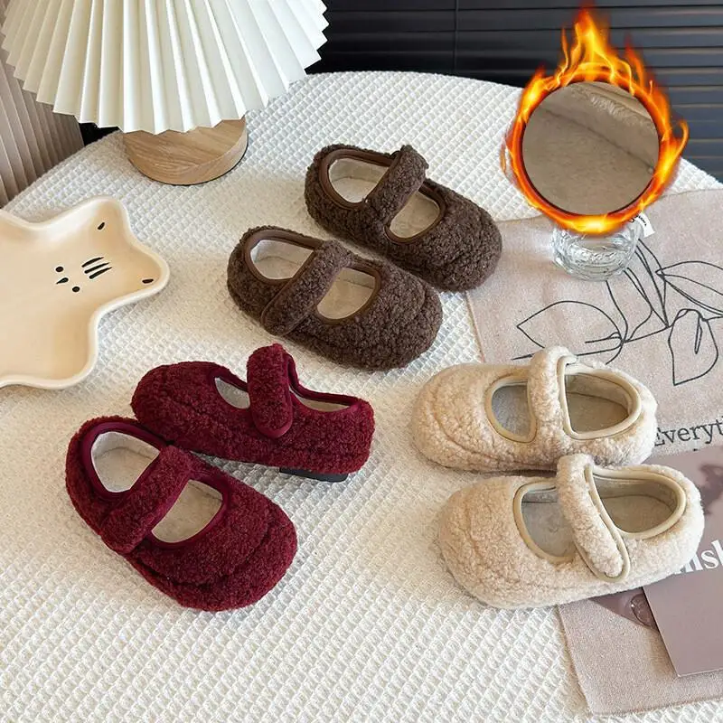 

Kawaii Casual Keep Warm Shoe Fashion Children Shoes Simple Color Girls Mary Jane Shoes Winter New Cute Bread Cotton Shoes Velcro
