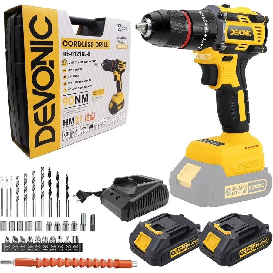 

21V Brushless Cordless Drill with 2 Batteries and Fast Charger for Home and Professional Use 1/2 Inch Keyless Chuck Up to 450 I