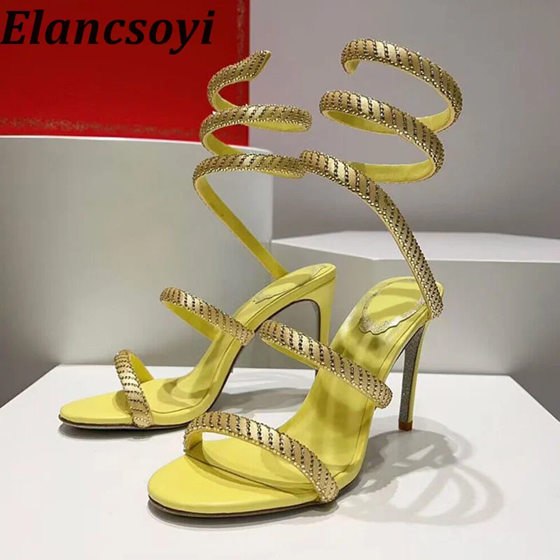 

Summer Open Toed Genuine Leather Shiny Crystal Sandals Women Elastic Band Gladiator Thin Heel Sandalias Sexy Party Dress Shoes