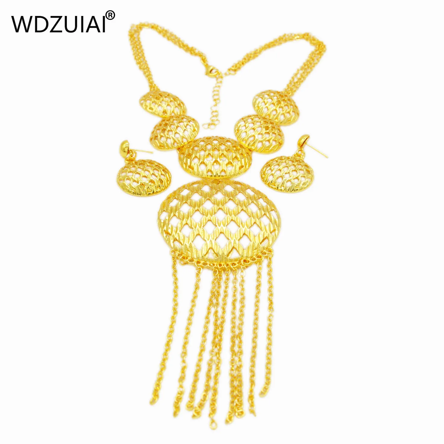 WDZUIAI Ball Shape Gold Color Tassels Necklace/Earrings Set African/Spain Women Girls Wedding Jewelry French Sweet Party Gifts