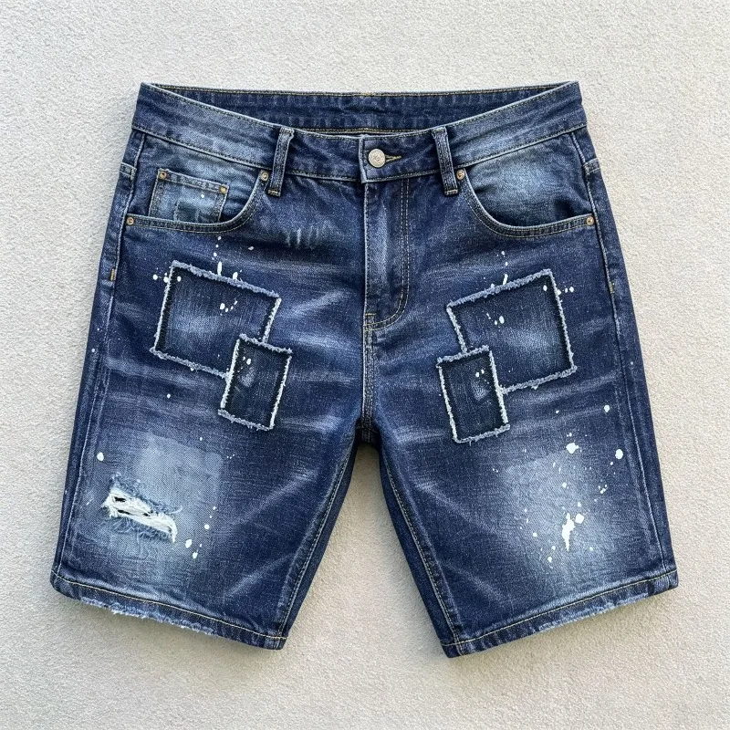 

Spandex Jorts Summer Men's Y2K Hip Hop Splicing Denim Shorts Retro Straight Ripped Patch Motorcycle Knee-length Jeans Streetwear