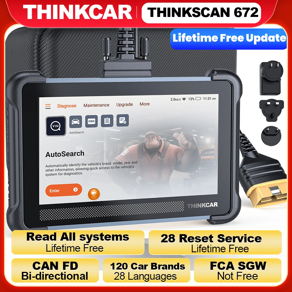 THINKCAR THINKSCAN 672 OBD2 Scanner CAN FD OBD2 Tool Bi-directional Control Full System Diagnosis 28 Resets Free for Lifetime