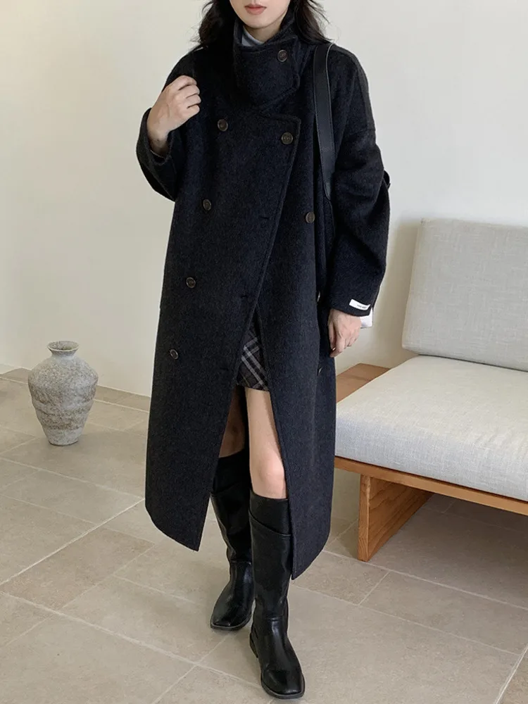 ZMEENNA レディース エレガント ブラウン ウール ブレンド ロング コート スタンドカラー 非対称ボタン 冬 アウター シック マキシ丈 ZM3435