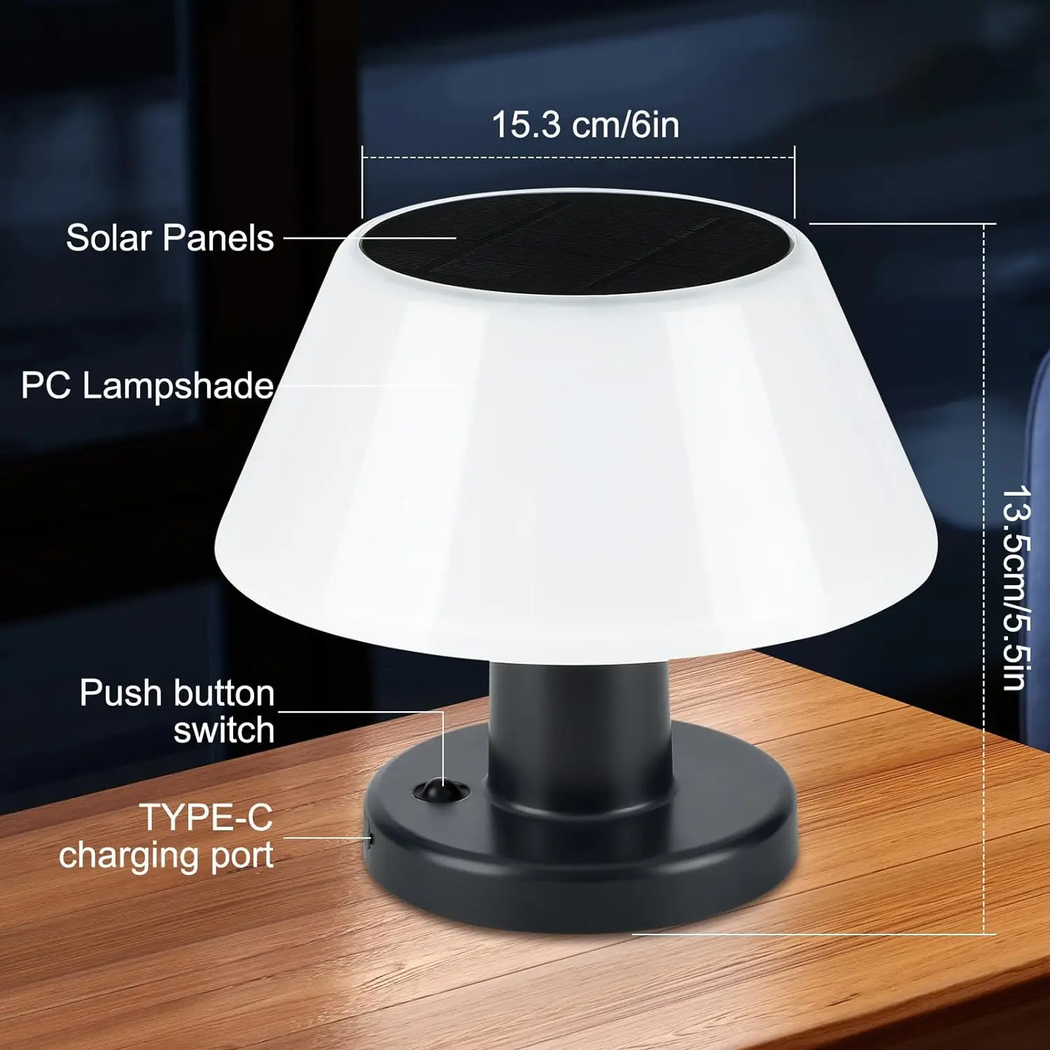 Lampa stołowa Lightess Solar, zewnętrzna lampa grzybkowa, zasilana energią słoneczną i ładowana przez USB, 4 tryby ściemniania, wodoodporność IP54