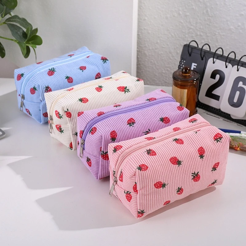 Corduroy Strawberry Cosmetic Bag Travel Toiletry Cosmetic Organizer Clutch Makeup Bags Student Zipper Pencil Case Stationery Bag