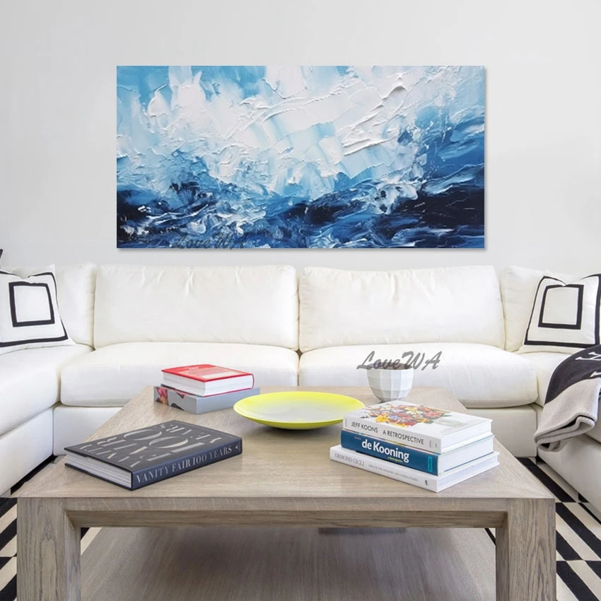 

Blue White Acrylic Knife Painting Frameless Abstract High Quality Artwork Office Wall Decorative Canvas Art Dropshipping Picture