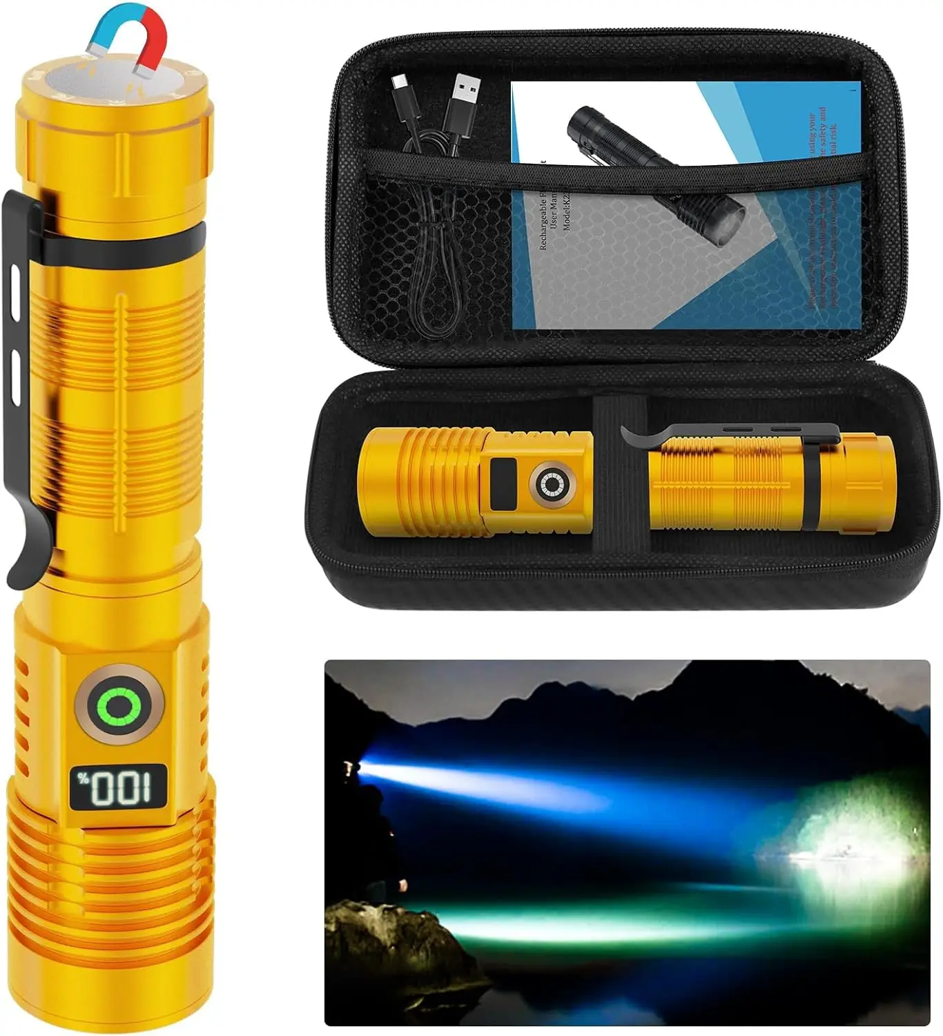 

Rechargeable Flashlight High Lumens- Super Bright Magnetic Flash Light with Power Digital Display,3280Ft Long Range