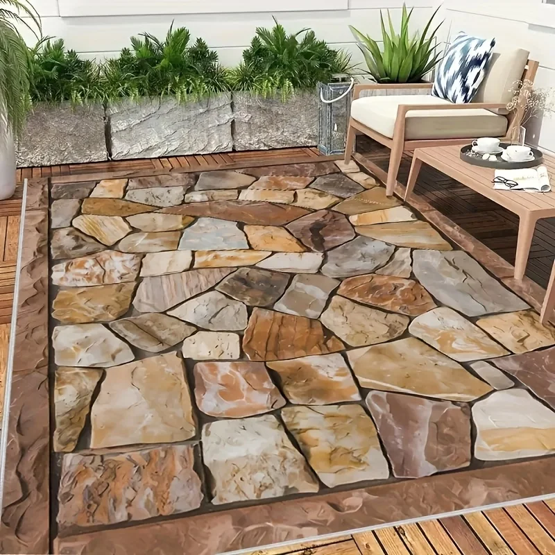 Stone Look Indoor Outdoor Rug – Glamping Style Patio Garden Mat for Entryway Sunroom Hardwood Floor Home Decor