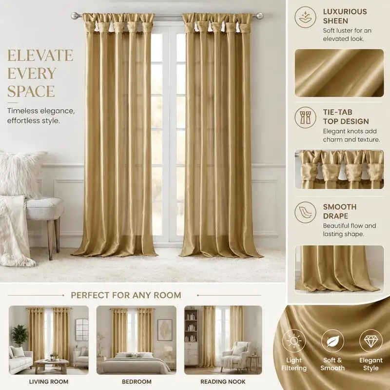 1PCS Linen Textured Twist Tab Curtain Panel 50x84 Inch, Polyester Faux Silk Fabric with Lining, Semi Blackout Thermal Insulated Drapes for Living Room Bedroom, Bronze view 3