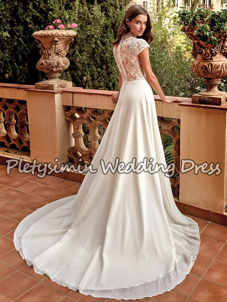 Pletysimin 여성을위한 우아한 레이스 웨딩 드레스 하이 넥 Boho A 라인 신부 가운 쉬폰 캡 슬리브 Vestidos De Novia Customize