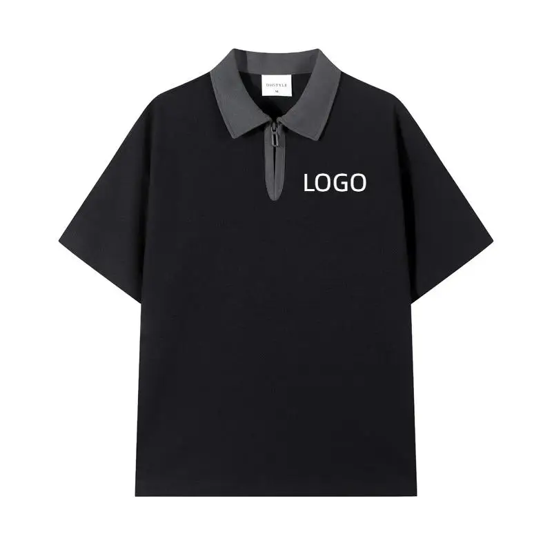 230g Pearl Cotton Half Zipper Men's Polo Shirt Printed Personalized LOGO Loose Contrasting Collar Short Sleeved Cultural Shirt