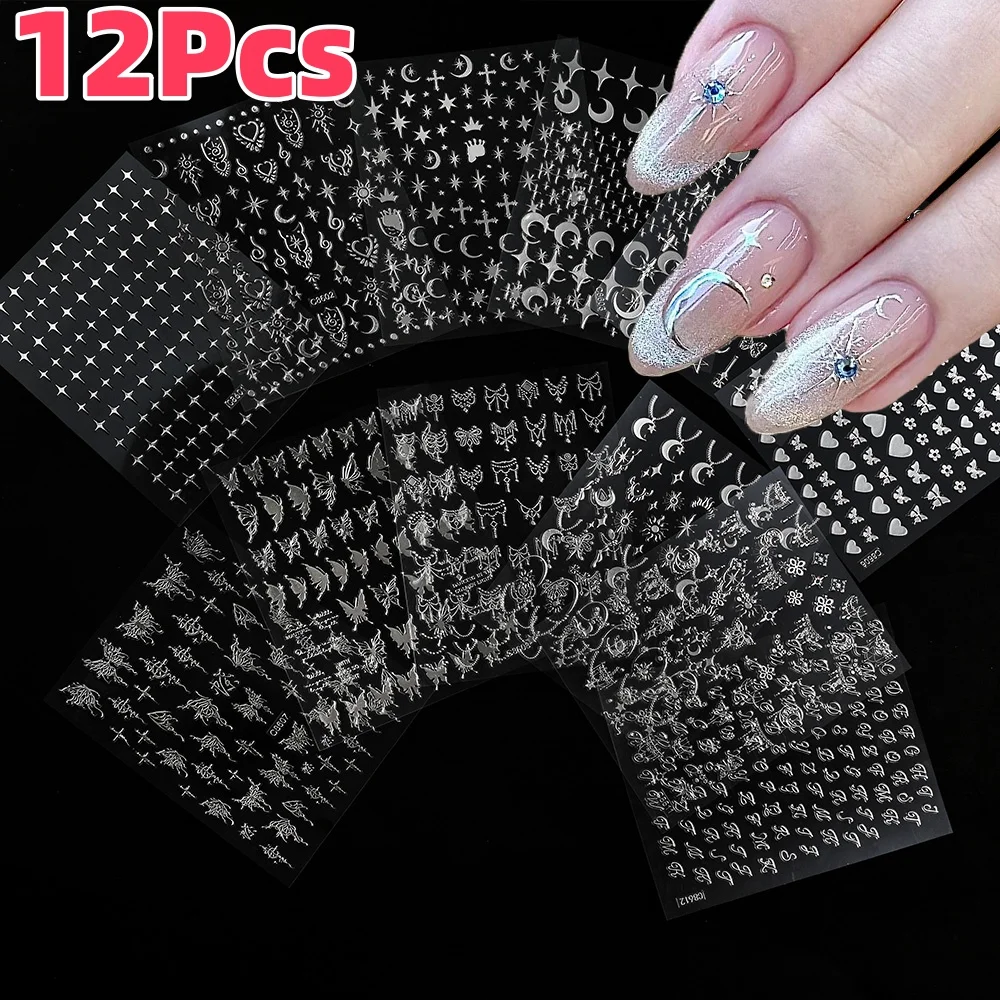 12 Teile/satz 3D Splitter Stern/Mond/Liebe Nail art Aufkleber 10*8cm Sonne/Schmetterling Selbstklebende Nail art Aufkleber Y2K Maniküre Dekorationen