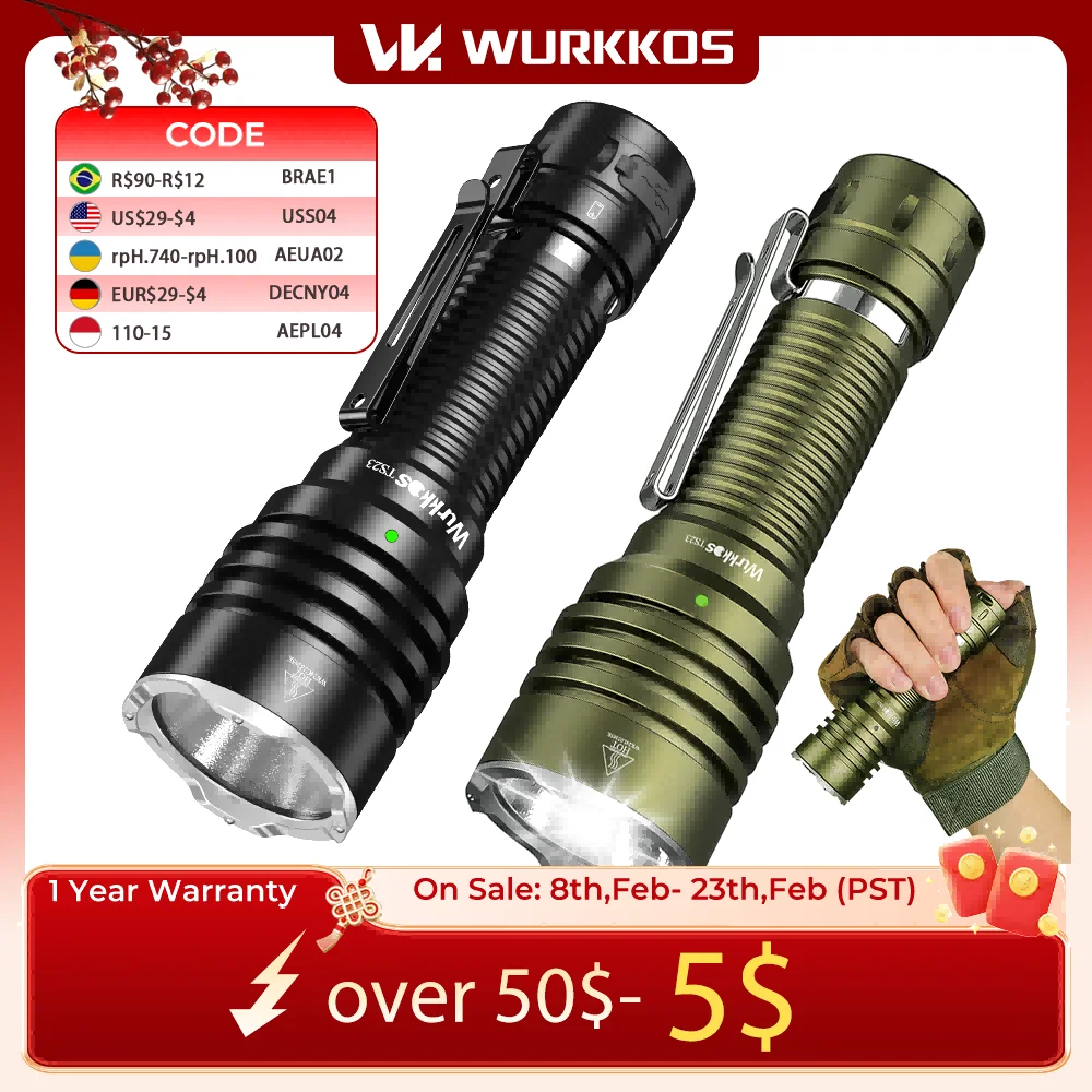 Wurkkos TS23 21700 Rechargeable Tactical Flashlight XHP70.3 HI LED 5000Lm Torch IPX8 Waterproof Two Group Mode EDC Tail Switch