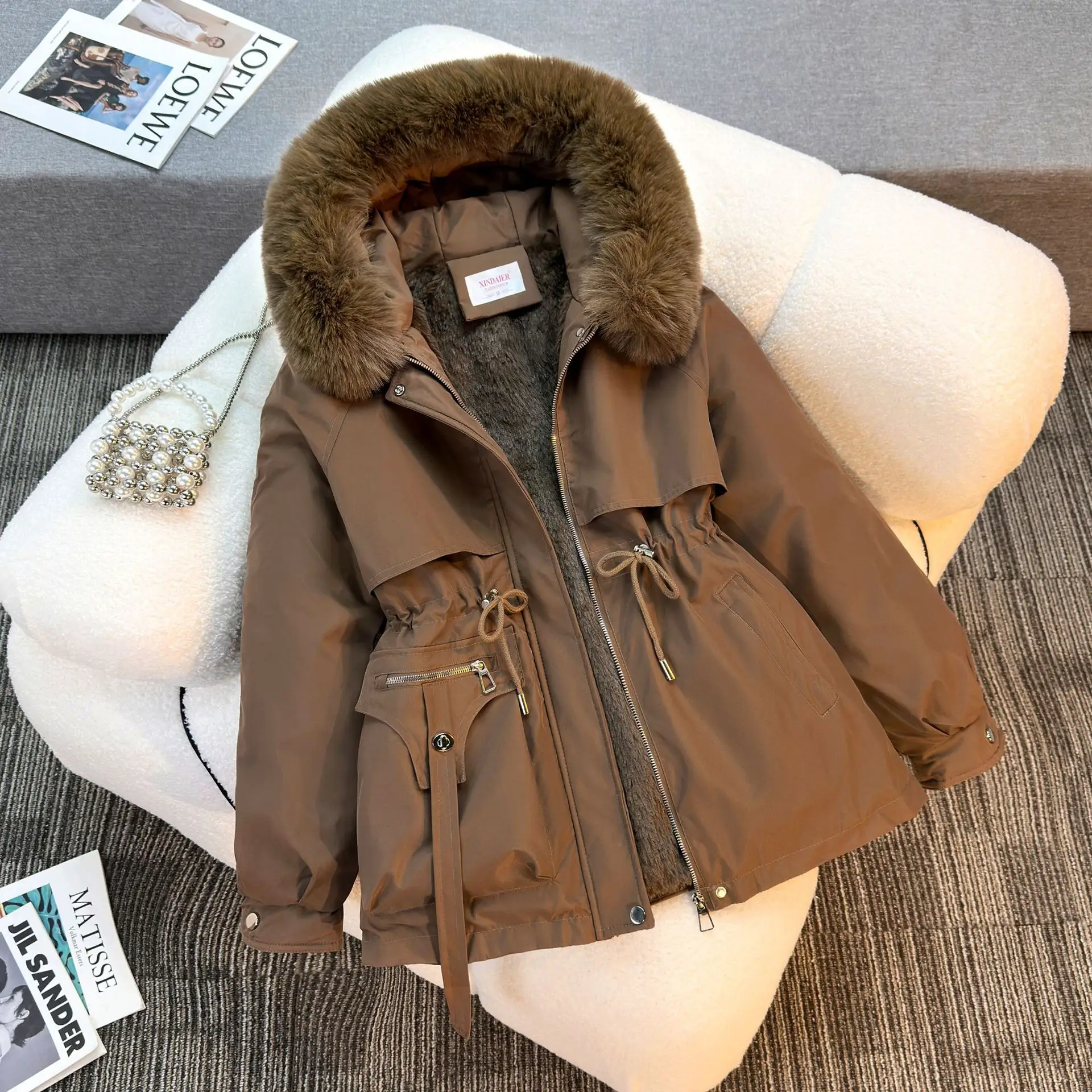 Fashionable Women's Fleece Lined All in One Coat with Large Fur Collar Thickened Long Sleeve Pure Color Commute Style Coat