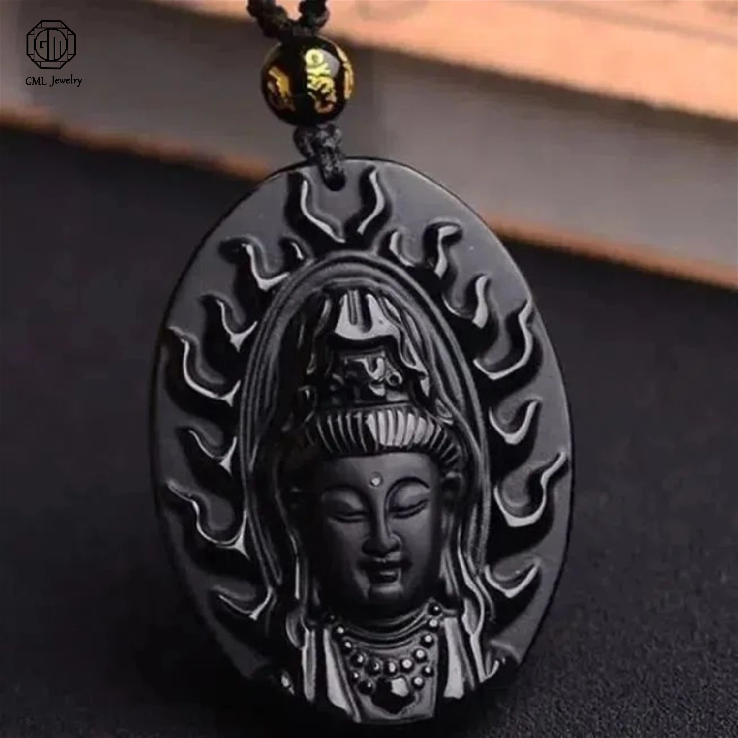 

Натуральный обсидиановый кулон-амулет Гуаньинь для мужчин, ручная резьба, дизайн «Пламя лотоса» и «Капля воды», духовное украшение
