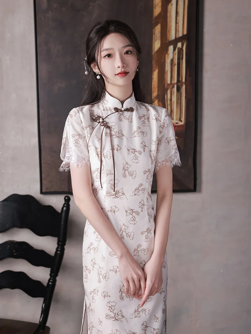 

Chinese Style White Floral Print Cheongsam Summer Vintage Mandarin Collar High Split Dresses Qipao