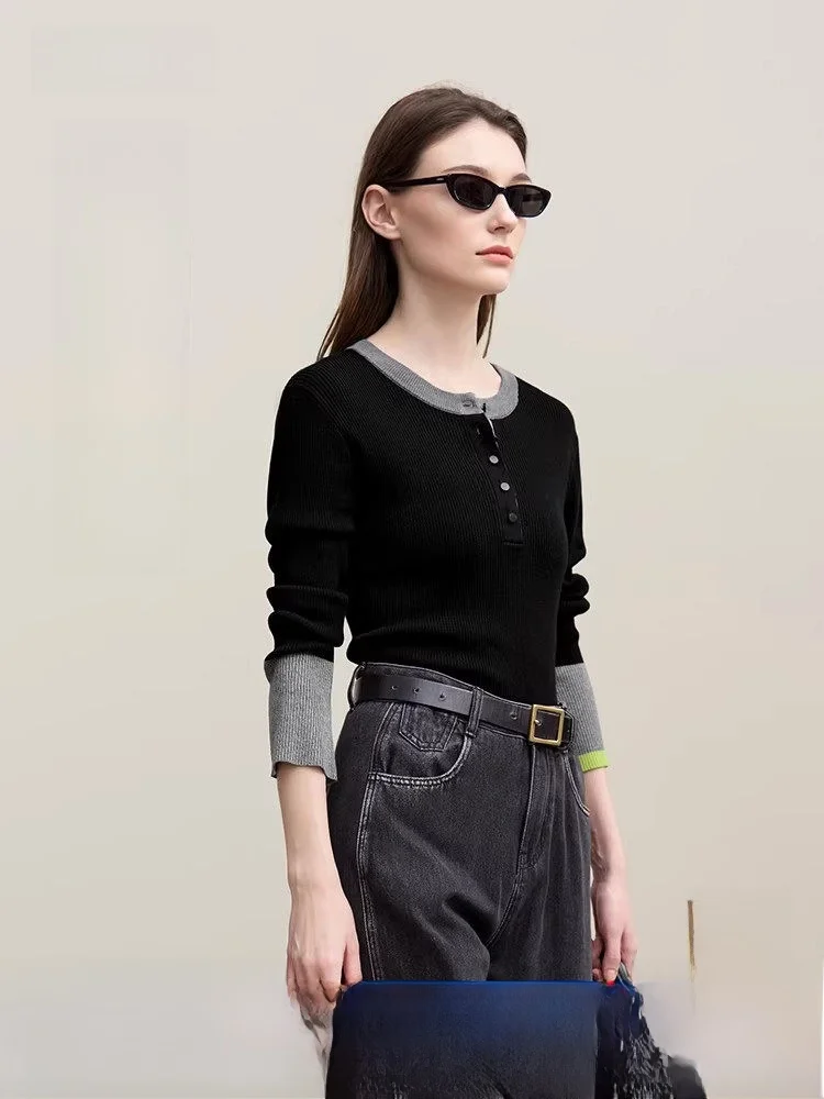 

Новый весенний женский облегающий вязаный свитер, круглый Ne f с открытыми пуговицами, цветной блуз, длинный повседневный топ