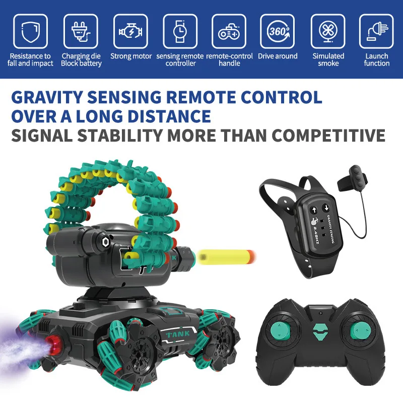 2.4g Radio Remote Control Tank Four-wheel Drive Tracked Soft Bullet Shooting Toy Control Car Tank Control Gesture Multiplayer