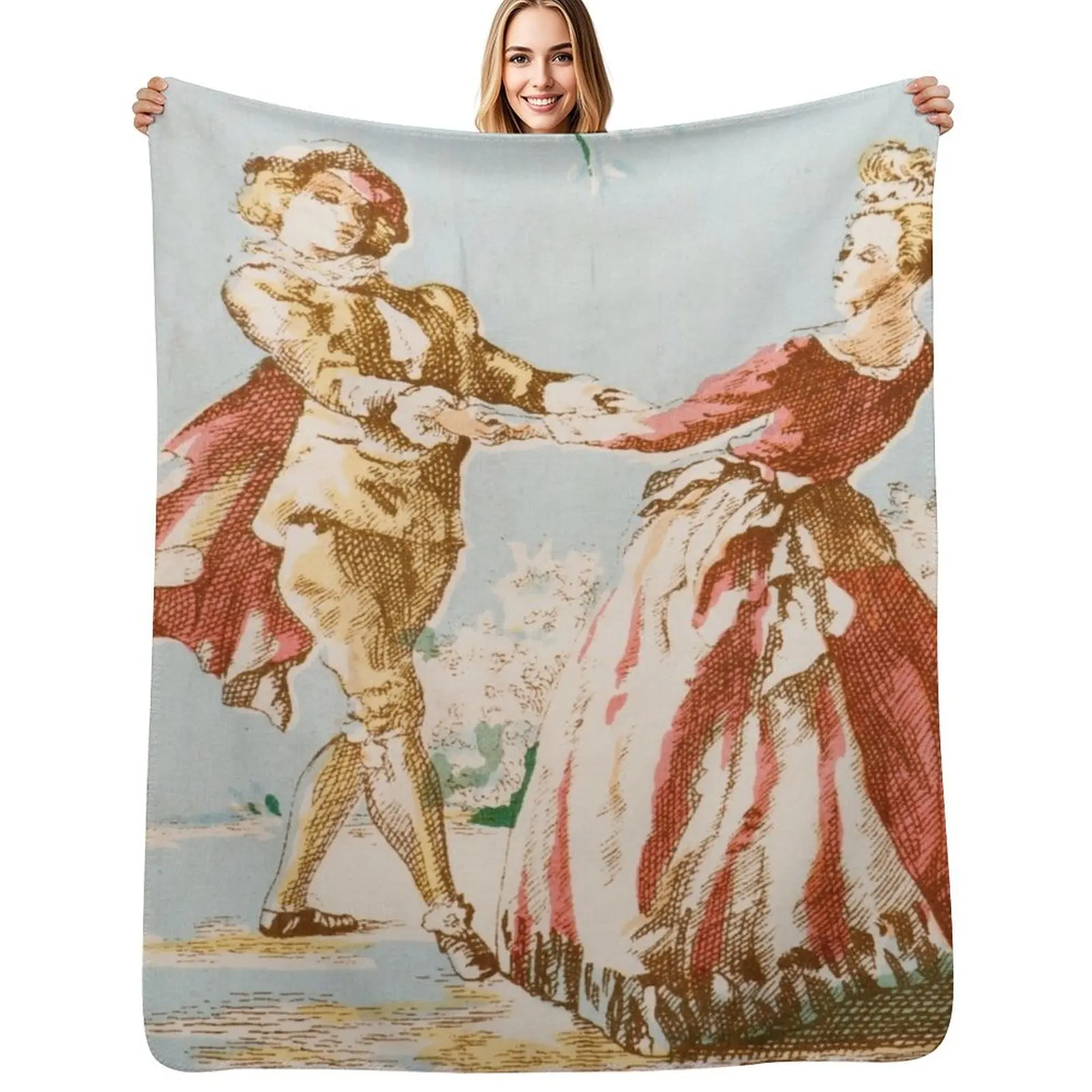 Distressed Toile de Jouy Print Throw Blanket Lightweight Warm Blanket for Travel Camping