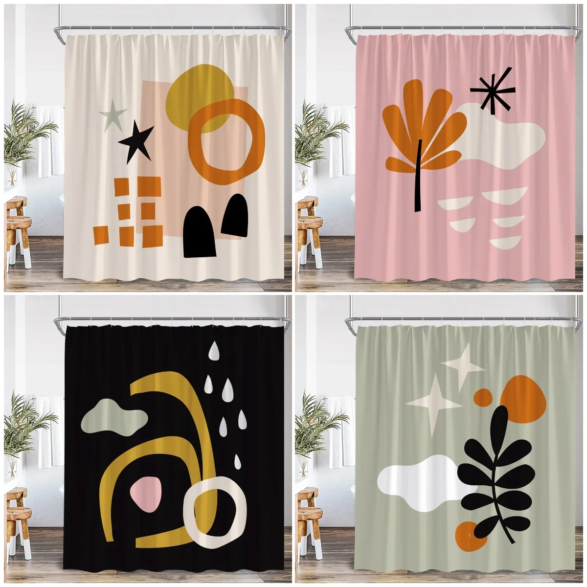 Abstract Geometric Shower Curtain Mid Century Flower Leaf Nordic Minimalist Bathroom Decor Modern Polyester Bathtub Curtain