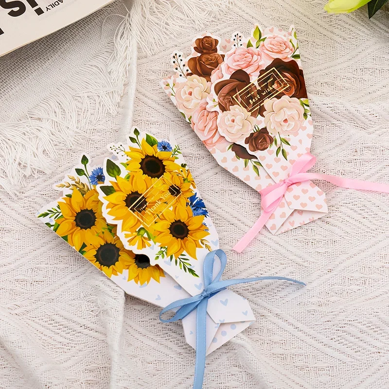 Flower Pattern 3D Foldable Bouquet Greeting Card Mother's Day Thank You Gift Message Card Birthday DIY Flower Bow Card