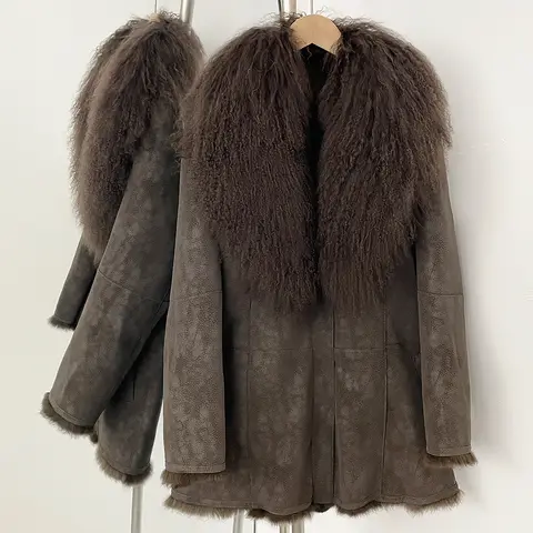 OFTBUY Real Fur Jacket Suede Autumn Winter Real Mongolian Sheep Collar Fur Coat Women Rabbit Fur Lining Long Sleeve fur trim