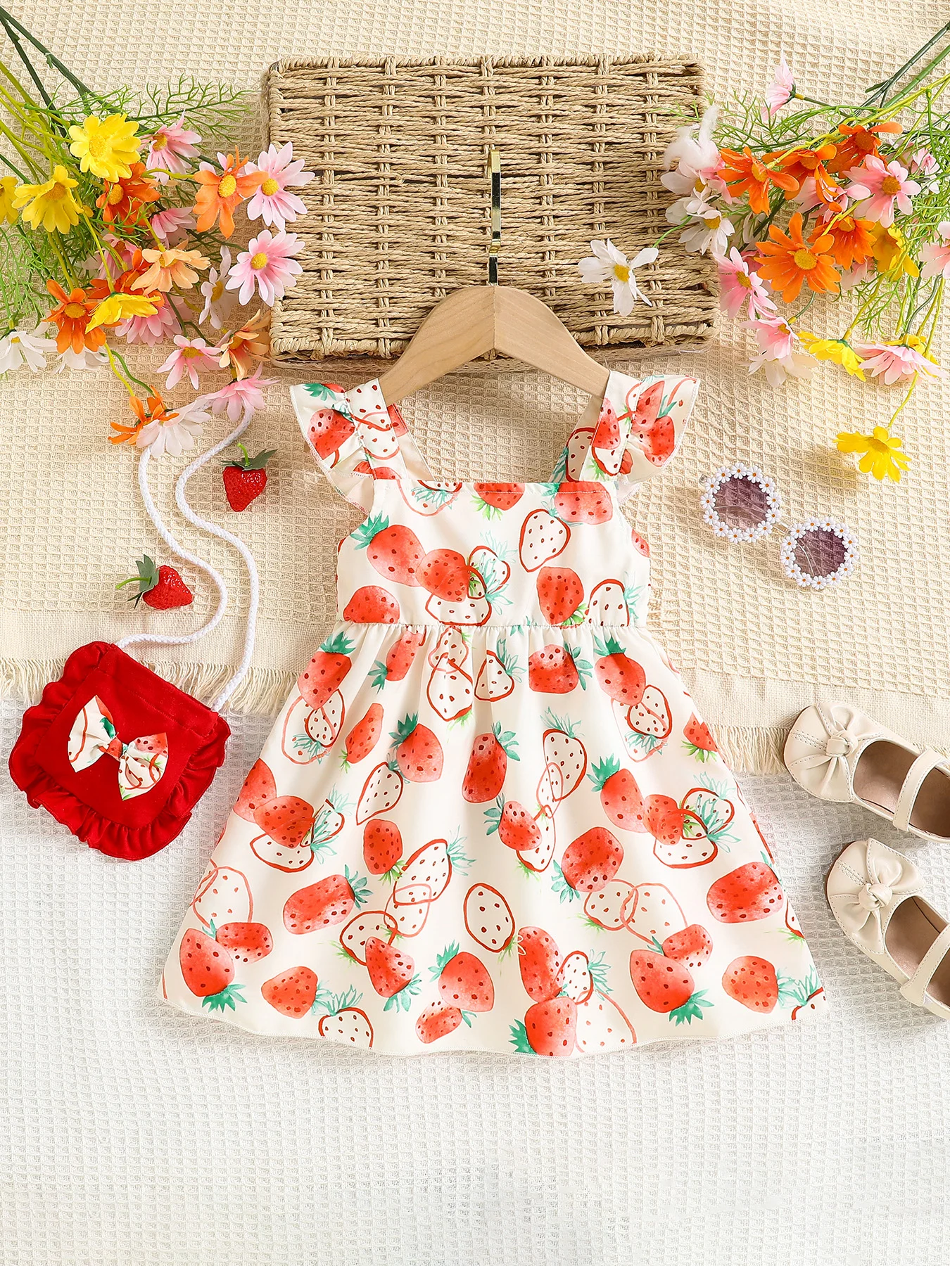 1pc Baby Girls Strawberry Print Sundress with Bag, Sweet Style, Daily/Party/Vacation, 0-18M, Breathable Chiffon