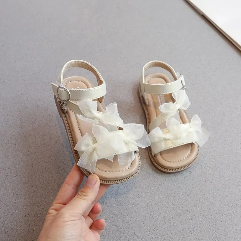 Summer Sweet Lace Children's Wedding Party Flat Shoes Pretty Girl Princess Sandals 2025 New Elegant Bowknot Kids Casual Sandals