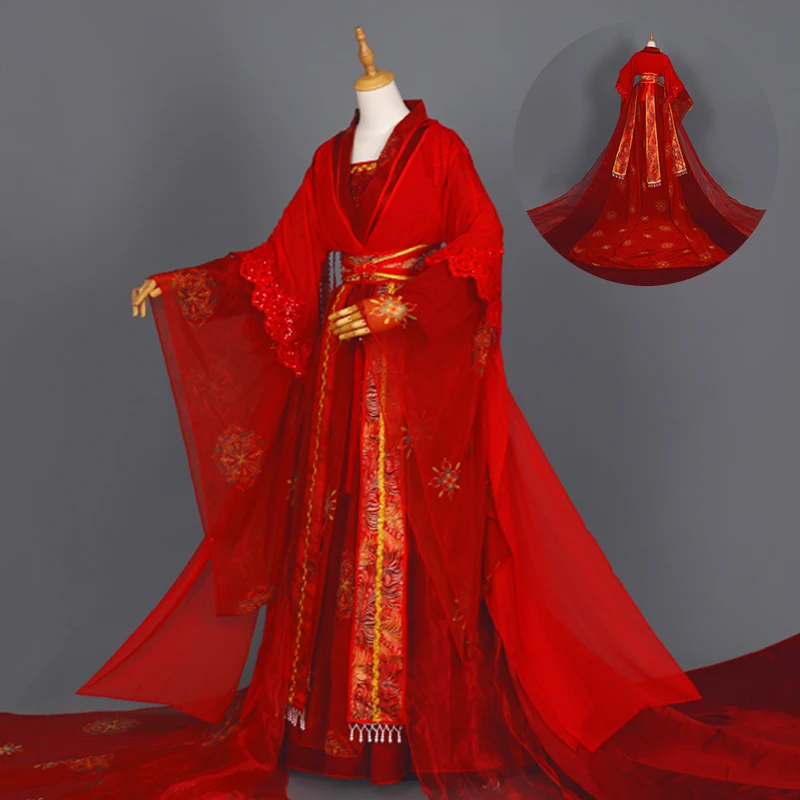 Ruoshuifang Ancient Style Red Wedding Dresses Women\'s Tail Large Skirt Ancient Cosplay Costume, Large Sleeve Han Fu Halloween