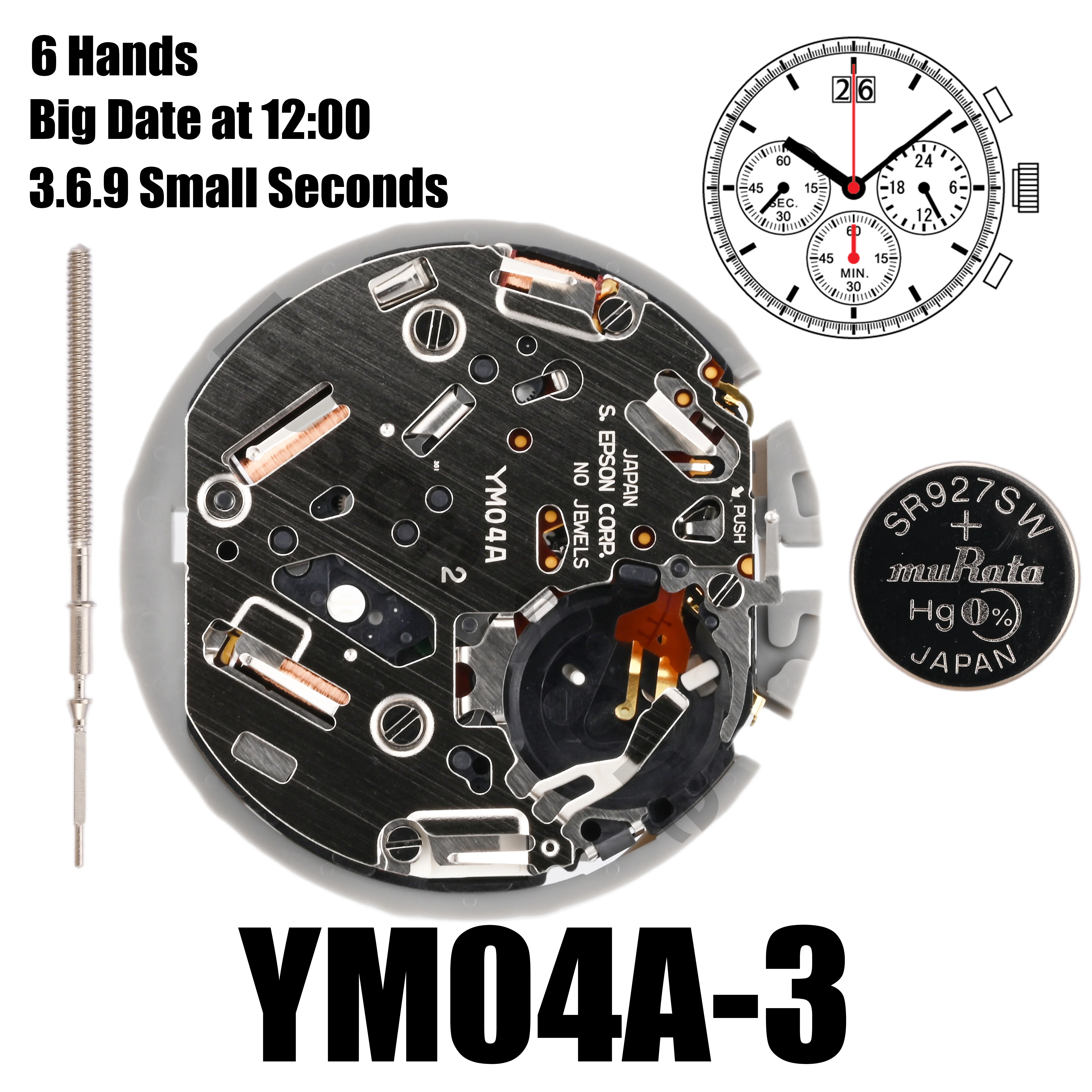 YM04 Movement YM04A Movement YM Series Quartz Movement  Size:12''' Six Hands 3.6.9 Small Seconds Big date display at 12:00