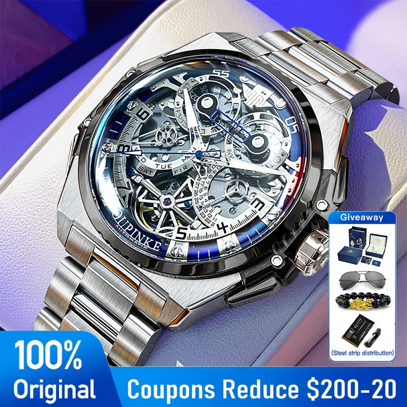 OUPINKE High Quality Watches Luxury Man Skeleton Automatic Mechanical Watch 50M Waterproof Luminous Watches For Man Reloj 3266