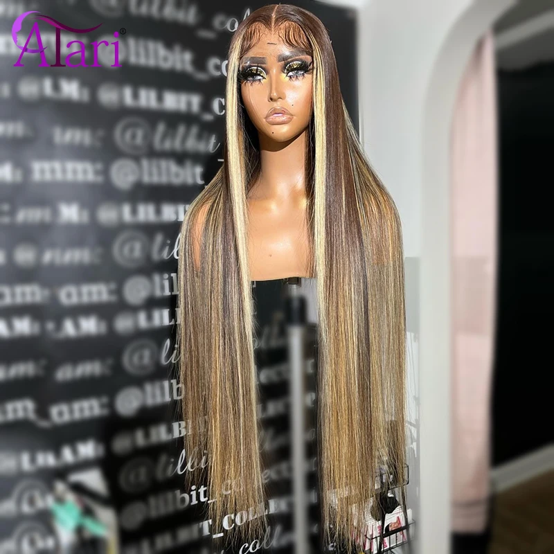 Perruque Lace Frontal Wig naturelle lisse, cheveux humains, 13x6/13x4, 5x5, pre-plucked, avec racines brunes et blondes