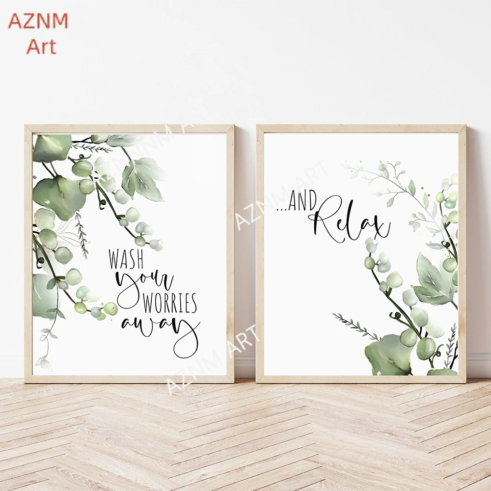 Bathroom Poster HD Print Canvas Painting Botanical Tropical Leaves Wash Your Worries Away And Relax Quote Wall Art Picture Decor