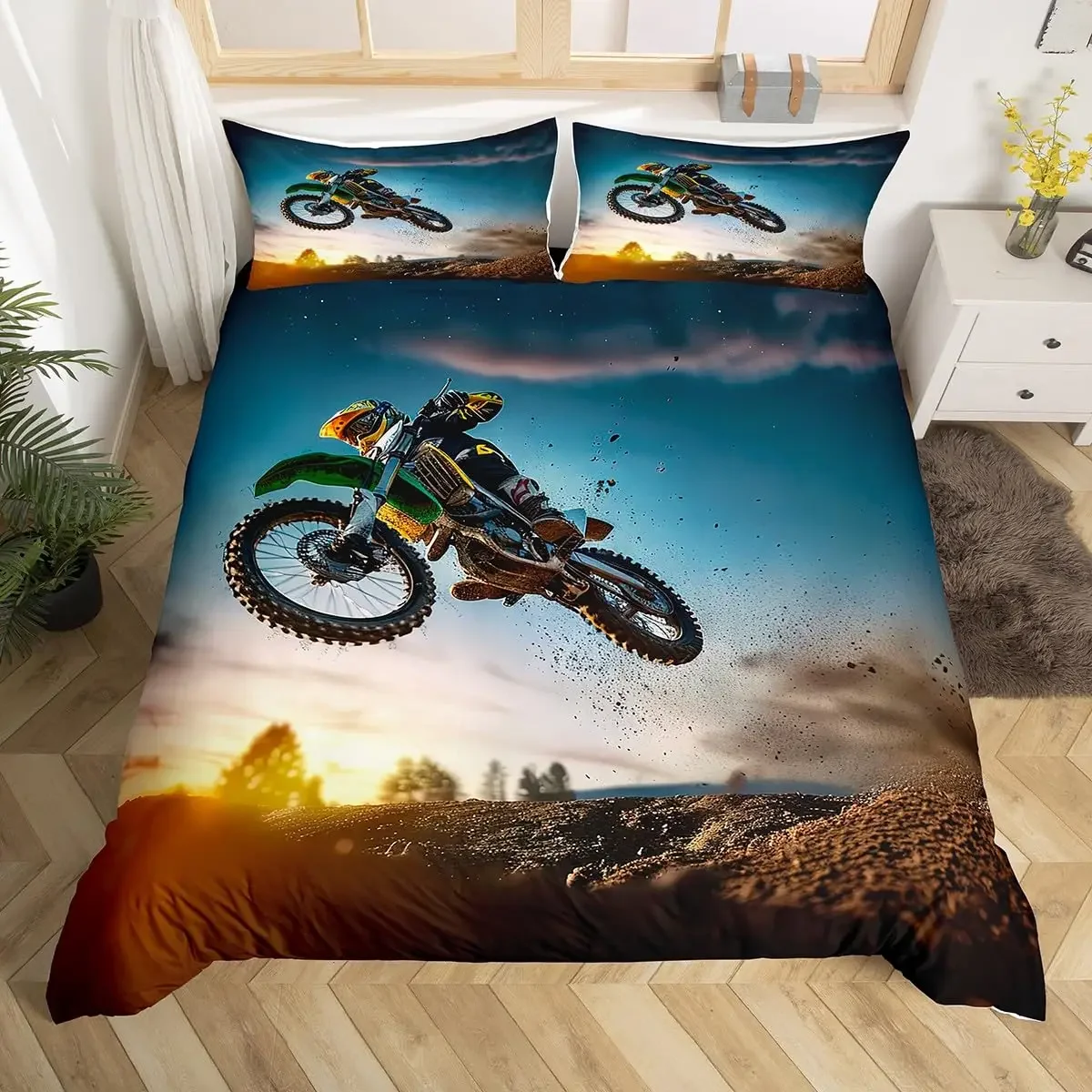 

3pcs Cool Motorbike Bedding Set Dirt Bike Duvet Cover Twin Motocross Rider Comforter Cover Extreme Sports For Boys Adults