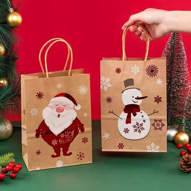 Hurtownia Kraft Torebki z uchwytami na prezenty Christmas Party Candy Cookie Packaging Treat Pouch Cute Santa Claus Snowman Decoration Supplies — zdjęcie 2