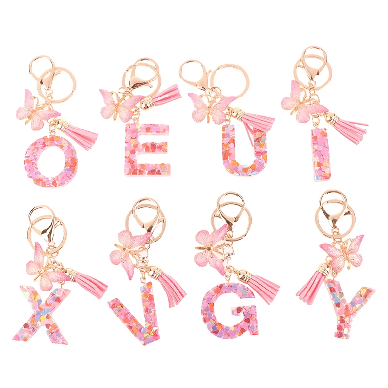 〔CC88〕American Pink Sequins Bag Charms Resin 26 Letters Keychain Butterfly Tassel Pendant Hanging Accessories